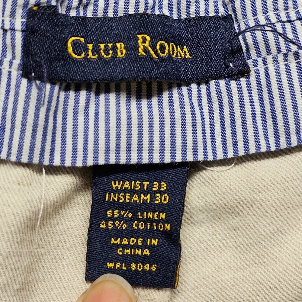 Club Room Mens 33x30 Linen Cotton Pleated Pants Beige Wide Leg Relaxed Chinos